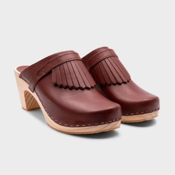 Brown Leather Clogs with Fringe Detail - Picture 1 of 16